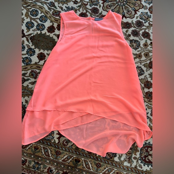 Vince Camuto Neon Orange Sheer Blouse | Asymmetrical Hem | Layered Front - Picture 5 of 9